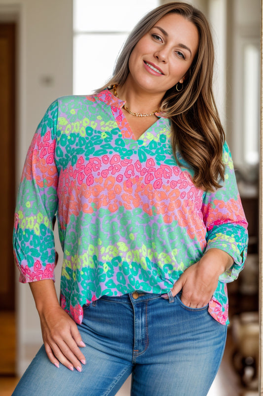 Plus Size Leopard Notched Long Sleeve Blouse Trendsi