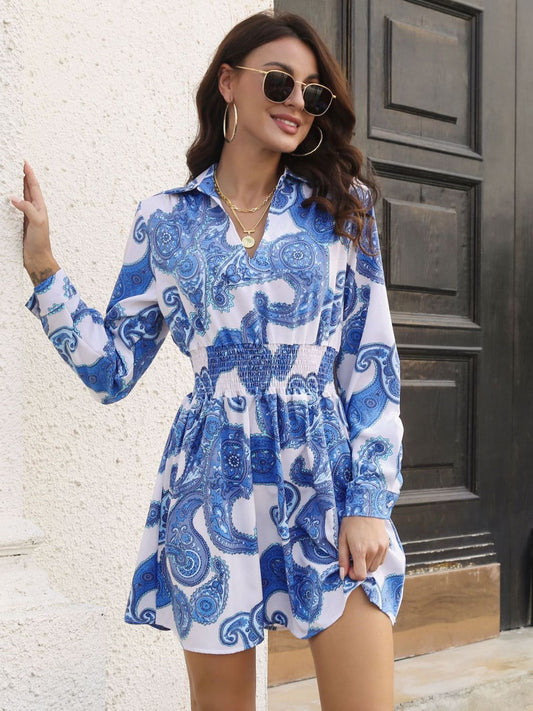 Paisley Print Johnny Collar Smocked Dress Trendsi