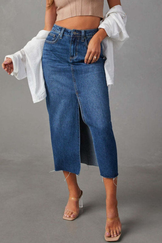 Slit Raw Hem Midi Denim Skirt Trendsi