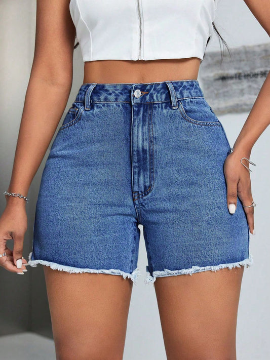 Raw Hem High Waist Denim Shorts Trendsi