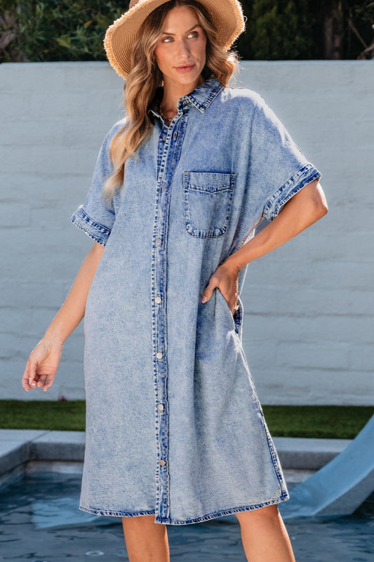 Pocketed Button Up Half Sleeve Denim Dress Trendsi