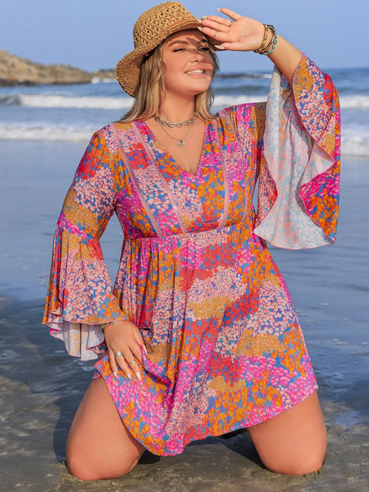 Plus Size Ruched Printed Long Sleeve Dress Trendsi