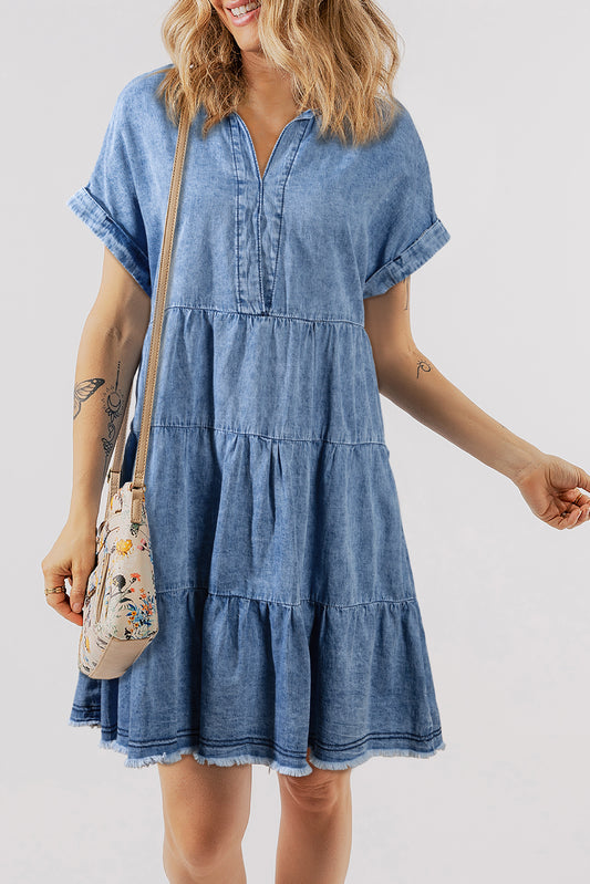 Raw Hem Collared Neck Short Sleeve Denim Dress Trendsi