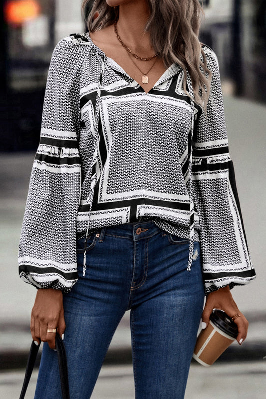 Contrast Printed Tie Neck Balloon Sleeve Blouse Trendsi