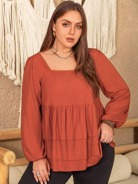 Plus Size Lace Detail Square Neck Long Sleeve Blouse Trendsi