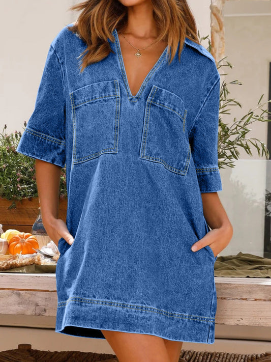 Johnny Collar Half Sleeve Denim Dress Trendsi