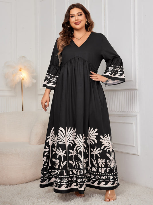 Plus Size Printed V-Neck Long Sleeve Maxi Dress Trendsi