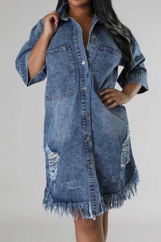 Distressed Raw Hem Button Up Denim Dress Trendsi