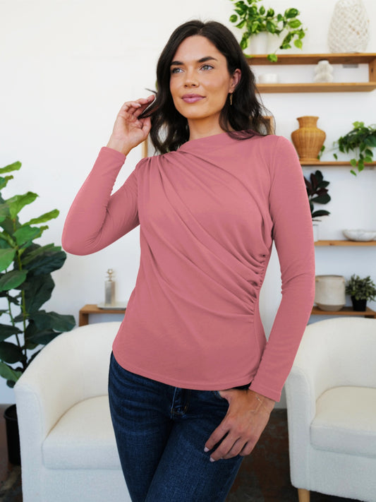 Ruched Mock Neck Long Sleeve T-Shirt Trendsi