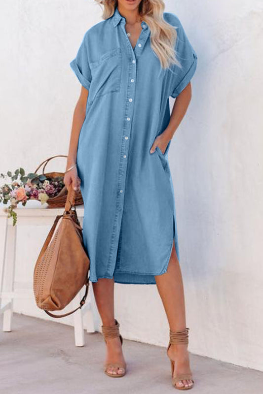 Slit Button Up Short Sleeve Imitation Denim Dress Trendsi