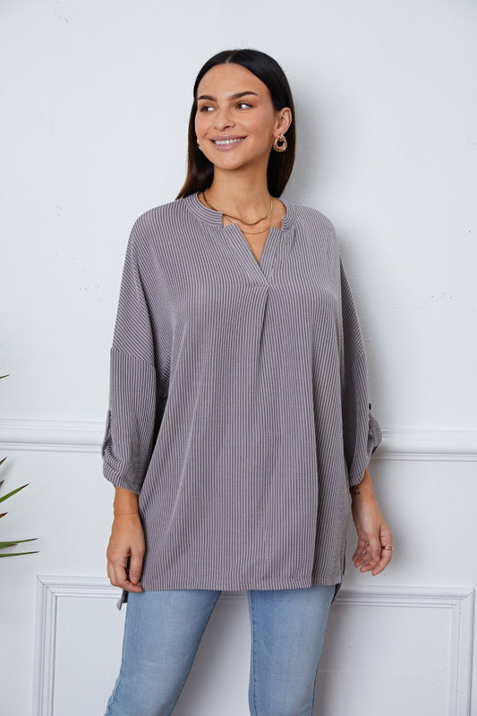 Notched Roll-Tab Sleeve Blouse Trendsi