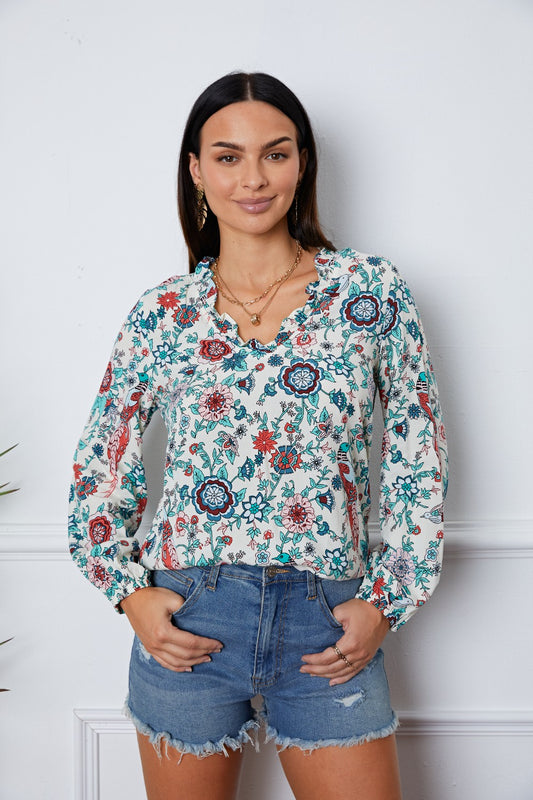 Floral Notched Long Sleeve Blouse Trendsi