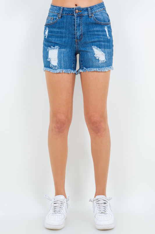 American Bazi High Waist Distressed Frayed Denim Shorts Trendsi