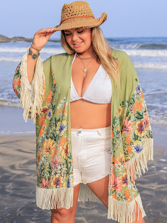 Plus Size Fringe Open Front Cover-Up Trendsi