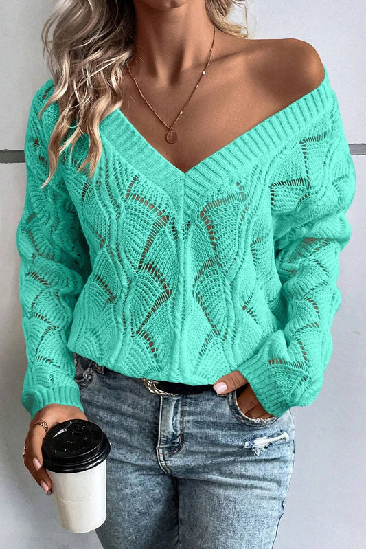 Openwork V-Neck Long Sleeve Sweater Trendsi